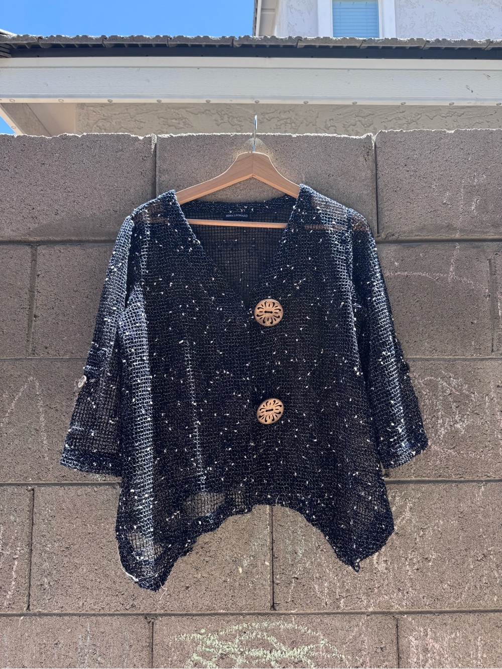 Nina Leonard Midnight Open-Weave Knit Cardigan with White Flecks Large Buttons